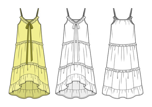 Ribbon Tie Tiered High-Low Maxi Dress Technical Fashion Illustration. Sleeveless Ruffle Trim Dress with Spaghetti Straps Vector Template. Front and Back View. Women&rsquo;s Apparel. CAD Mockup Set.