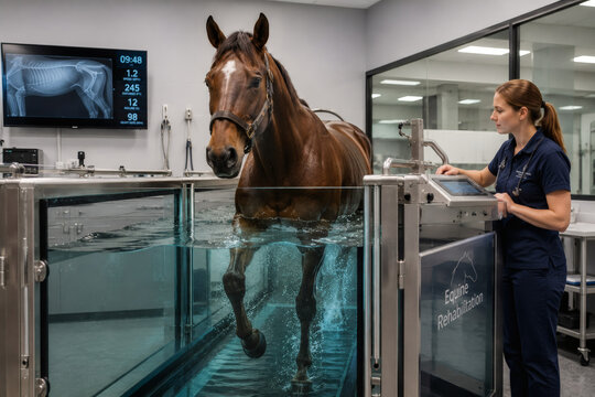 Sport horse undergoing underwater treadmill rehabilitation therapy in modern veterinary facility