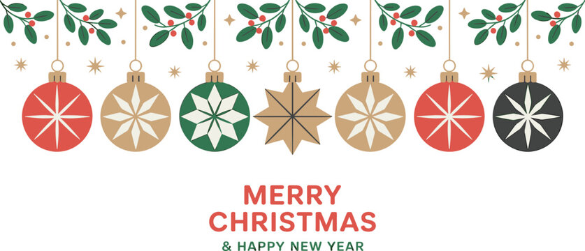 Merry Christmas greeting card, festive holiday ornaments with mistletoe decoration, New Year celebration vector, winter season background, seasonal invitation design