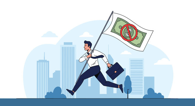 Businessman with briefcase running through city holding flag with prohibited dollar sign representing financial boycott or non-profit goal.