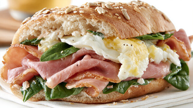 Delicious breakfast sandwich with bacon egg spinach and seeds on a rustic bread roll