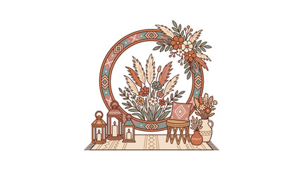 Obraz premium Circular boho wedding backdrop with pampas and lanterns.