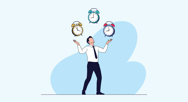 Skilled businessman juggles several alarm clocks representing the challenge of multitasking and managing multiple deadlines.