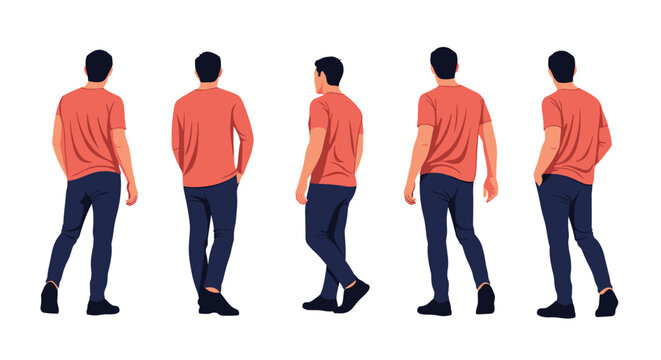 Set of illustrations showing a man in a red t-shirt from different back and side angles to show his clothing fit and posture.