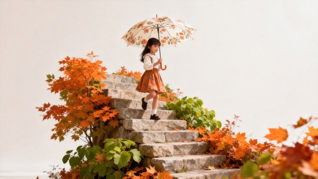 Young girl with umbrella on stone steps