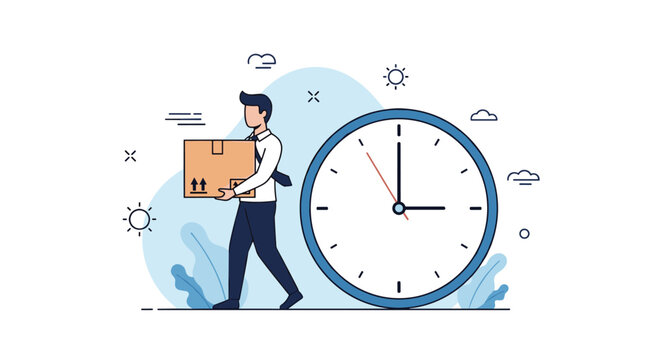 Courier or delivery man carrying a brown cardboard box while walking past a large wall clock symbolizing fast and timely service.