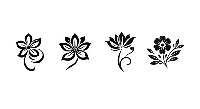 Collection of four black floral designs on with leaves and stems