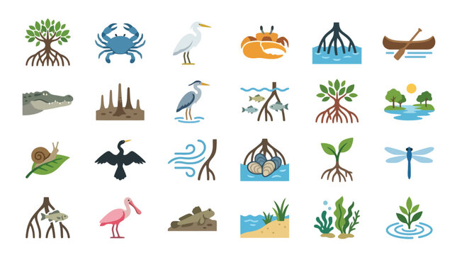 Vector Icons Mangrove ecosystem watercolor icons set featuring coastal flora and fauna. EPS Editable