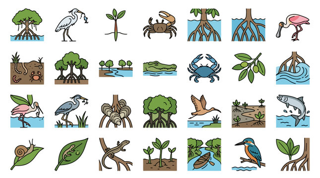 Vector Icons Mangrove forest ecosystem hand drawn icon set featuring coastal wildlife and plants. EPS Editable