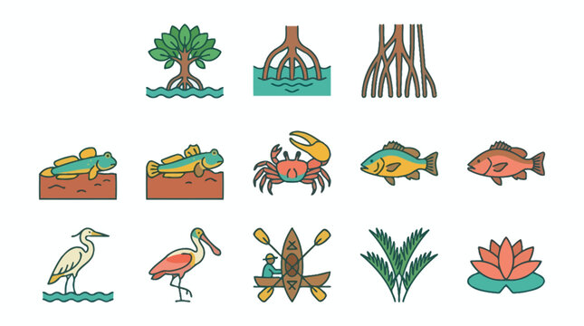 Vector Icons Mangrove forest ecosystem vector icons set featuring swamp plants and wildlife. EPS Editable