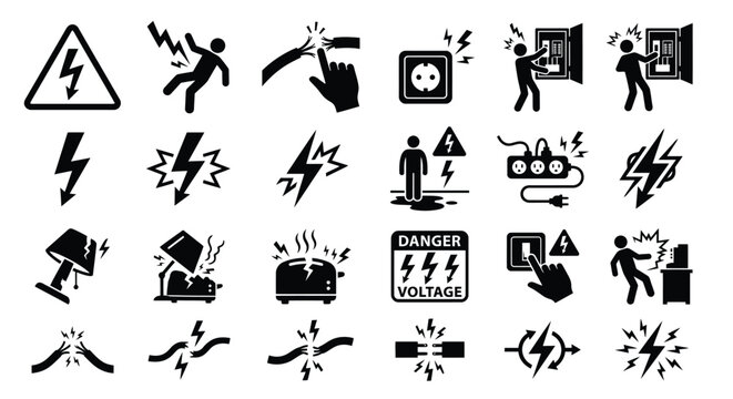 electricity warning icons flat black lightning bolt