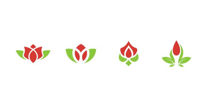 Collection of four modern red and green flower logos with white outlines