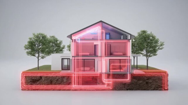 3D cross section of modern house with highlighted internal heating ventilation and air conditioning system in bright neon colors on light background