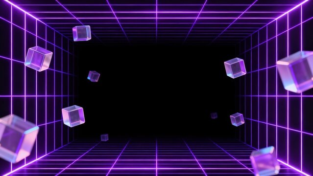 Futuristic neon cube grid tunnel