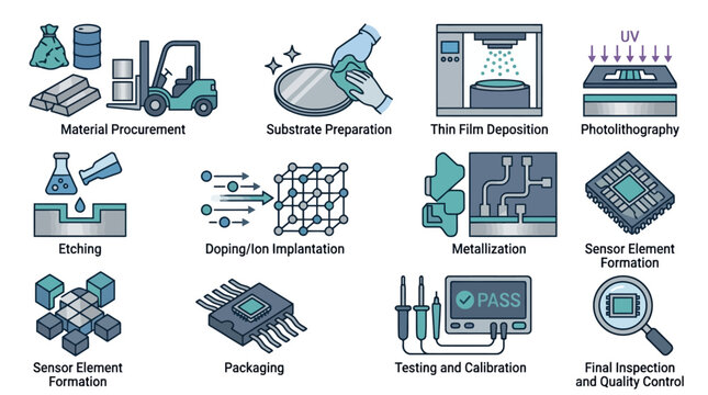 Vector Icons Semiconductor manufacturing process steps infographic vector illustration. EPS Editable