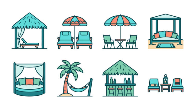 Vector Icons Set of beach resort furniture and outdoor relaxation icons in doodle style. EPS Editable