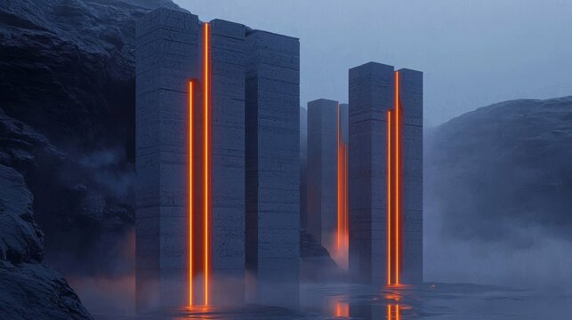 Explore the enchanting allure of futuristic stone structures set against a misty backdrop.
