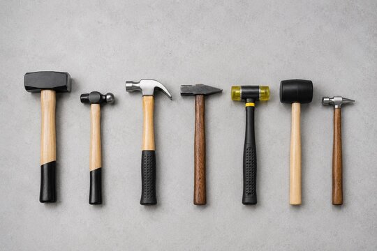 Top view of different types of hammers set arranged neatly on gray background