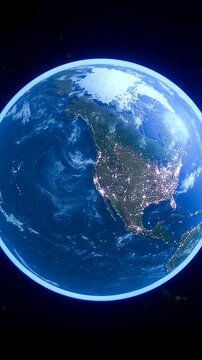 Vertical 9x16 Realistic 3D Earth Globe Rotation Space Zooming and Centering on USA for Social Media Stories