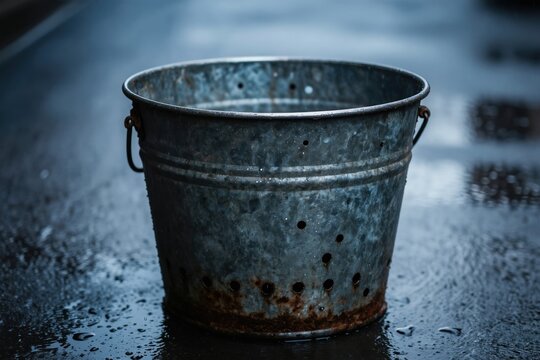 Rusty metal bucket with holes sits on wet ground. Water leaks out, representing a failed plan or wasted effort. This symbolizes a useless idea.