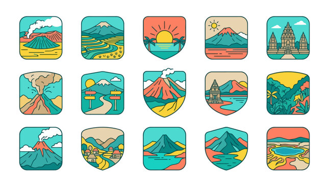 Vector Icons Set of colorful vector badges featuring Indonesian landscapes volcanoes temples and nature scenes. EPS Editable
