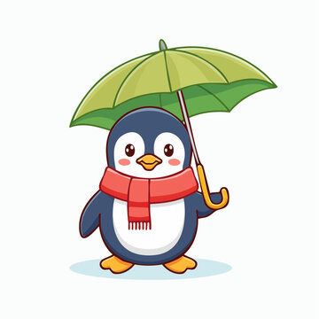 Cute cartoon penguin holding a green umbrella and wearing a red scarf