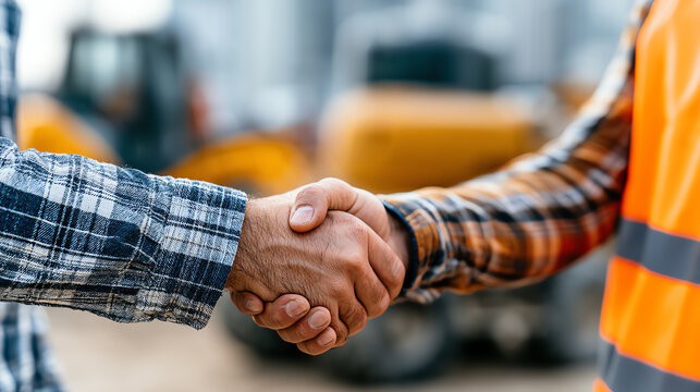 Businessmen shaking hands on a construction site, symbolizing cooperation and partnership in industry projects.