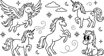 Cute unicorn and pegasus coloring page vector illustration with magical ponies stars and clouds for kids © AKTAR