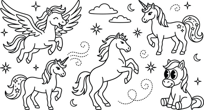 Cute unicorn and pegasus coloring page vector illustration with magical ponies stars and clouds for kids