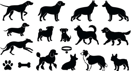 Dog breed black silhouettes collection including german shepherd labrador retriever poodle dachshund corgi and french bulldog vector icon set isolated on white © MdShakib