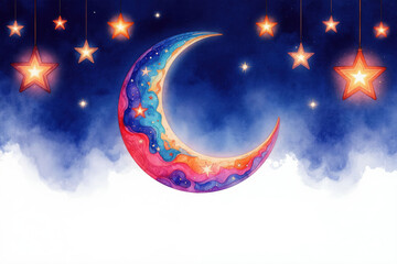 Naklejka premium Colorful crescent moon and glowing stars adorn a deep blue night sky with wispy clouds. This dreamy illustration evokes wonder and celebration, perfect for festive or spiritual themes.