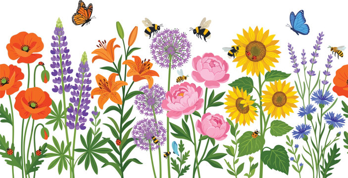 Seamless border of colorful wildflowers with butterflies and bees on white background, flat vector illustration design element