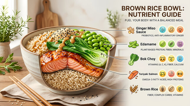 Nutritional guide poster for brown rice bowl featuring salmon, edamame, and avocado with colorful nutrient breakdown charts and health benefit icons.