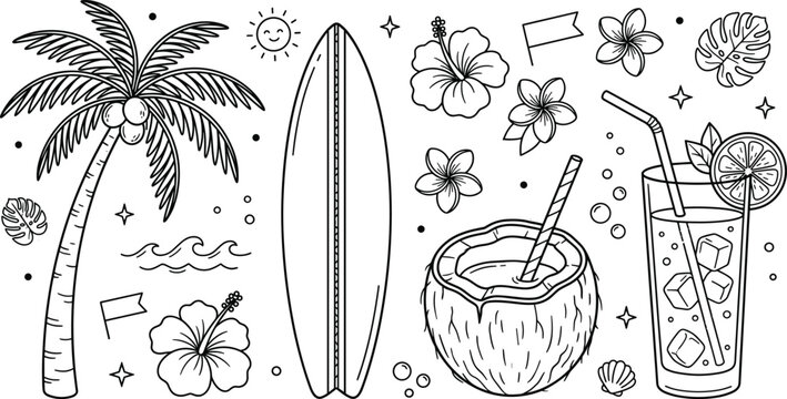 Tropical beach summer coloring page vector illustration with palm tree surfboard hibiscus and coconut drinks