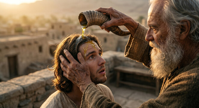 Bible, A dramatic, intimate close-up photograph of the prophet Samuel pouring holy oil from an ancient ram&rsquo;s horn onto the head of a humble, astonished young man named Saul. 