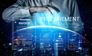 Obraz premium A businessman interacts with digital technology in procurement, managing invoices and documents against a stunning global backdrop. The image represents innovation and business efficiency. Cyphers
