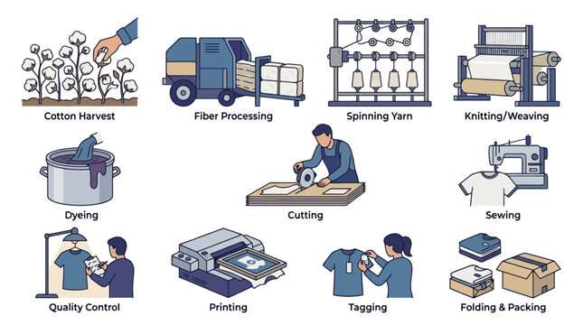 Vector Icons Textile manufacturing process vector illustration showing steps from cotton harvest to garment packaging. EPS Editable