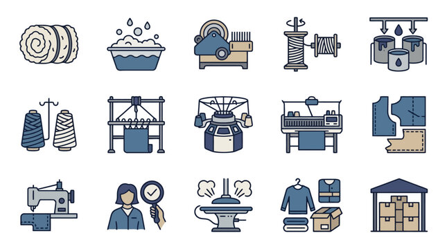 Vector Icons Textile manufacturing and garment production process line icons set. EPS Editable