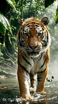 Majestic tiger walking through forest water.