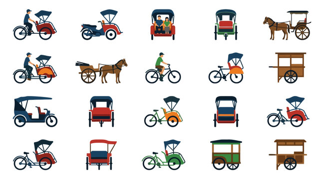 Vector Icons Traditional Asian transport vehicles set including rickshaws pedicabs and horse carriages vector illustration. EPS Editable