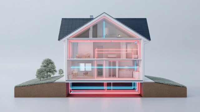 Cross-section view of modern house heating and cooling system with detailed interior layout showing air flow and temperature regulation for energy efficiency