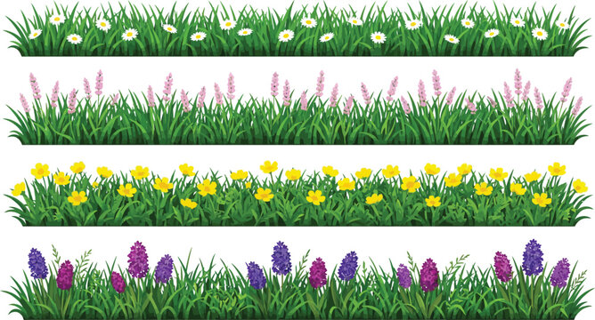 Set of four horizontal grass borders with various colorful spring flowers isolated on a white background vector