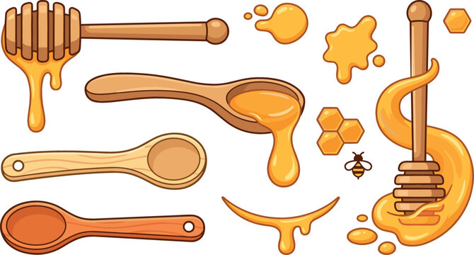 Organic sweet honey dripping from wooden dipper and spoon set with liquid splashes bee icon and honeycomb element vector illustration isolated on white