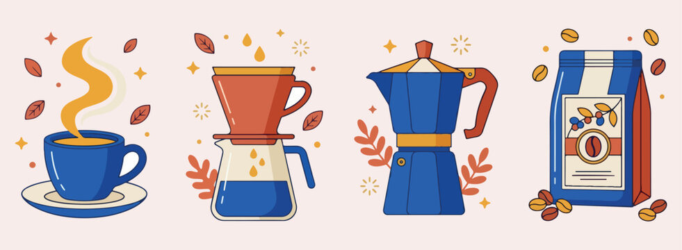 Drip coffee brewer, classic moka pot, morning caffeine ritual, cozy kitchen appliance, hot drink preparation, aromatic coffee brewing, fresh beverage lifestyle, culinary kitchenware design
coffee, dri