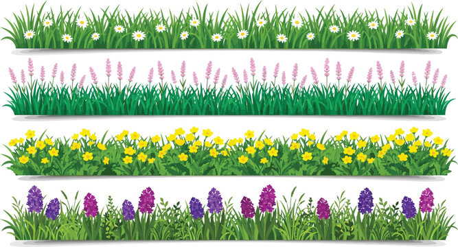 Set of green grass borders with various colorful spring flowers isolated on white background as vector illustration