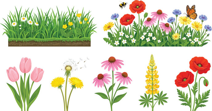 Spring flowers and green grass borders set with butterflies and bees in a flat vector illustration style