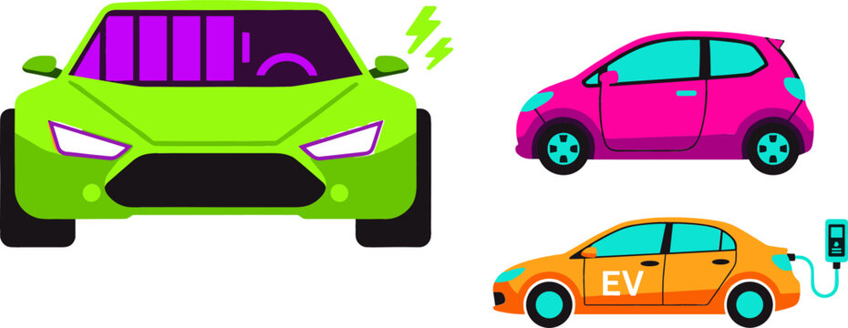 Electric Vehicle EV Charging Icon Set with Green Smart Car Battery Indicator Lightning Bolt and Orange Sedan Connected to Power Station Vector Illustrations
