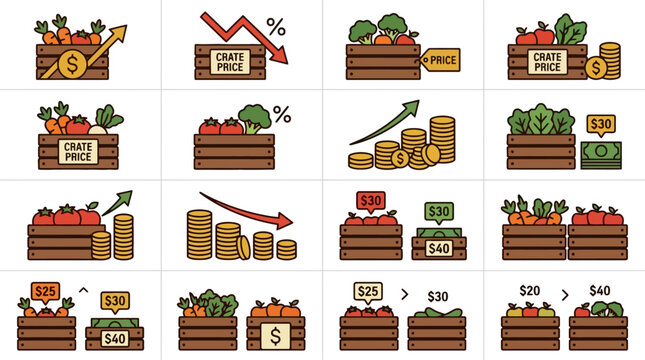 Vector Icons Vector icons set representing food inflation and agricultural market price changes. EPS Editable