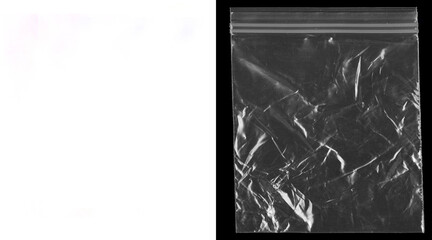 Transparent plastic zipper bag mockup, wrinkled polyethylene pouch texture, clear zip lock baggie for packaging design © Mx 