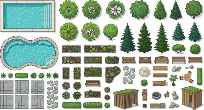 Top view landscape design elements set with swimming pools trees benches and paving stones for architectural planning